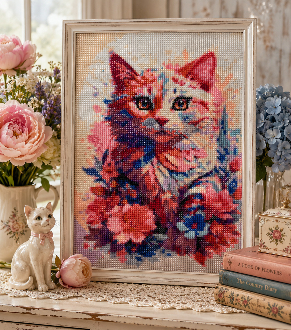Completed Diamond Art Floral Cat Portrait Watercolor Kitten Wall Décor 12"x 16"